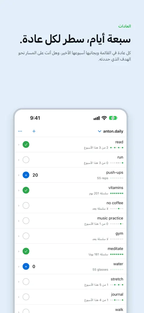 سبعة أيام، سطر لكل عادة. كل عادة في القائمة وبجانبها أسبوعها الأخير، وهل أنت على المسار نحو الهدف الذي حددته.