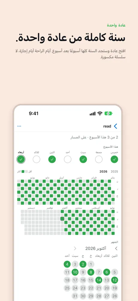 سنة كاملة من عادة واحدة. افتح عادة وستجد السنة كلها أسبوعًا بعد أسبوع. أيام الراحة أيام إجازة، لا سلسلة مكسورة.