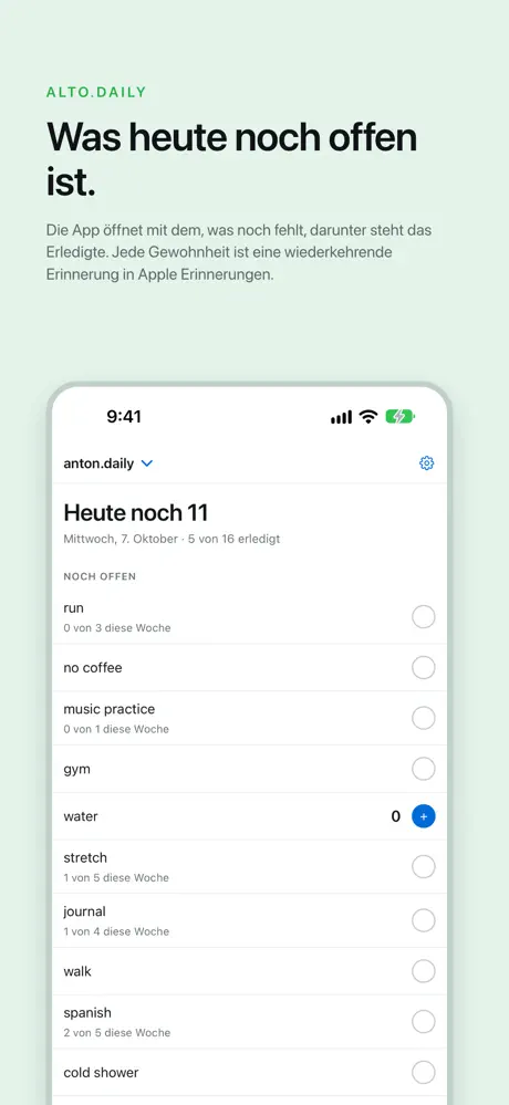 Was heute noch offen ist. Die App öffnet mit dem, was noch fehlt, darunter steht das Erledigte. Jede Gewohnheit ist eine wiederkehrende Erinnerung in Apple Erinnerungen.