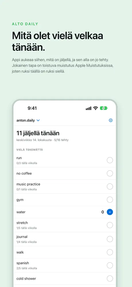 Mitä olet vielä velkaa tänään. Appi aukeaa siihen, mitä on jäljellä, ja sen alla on jo tehty. Jokainen tapa on toistuva muistutus Apple Muistutuksissa, joten ruksi täällä on ruksi siellä.
