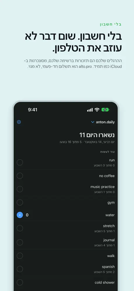 בלי חשבון. שום דבר לא עוזב את הטלפון. ההרגלים שלכם הם תזכורות ברשימה שלכם, מסונכרנות ב-iCloud כמו תמיד. alto.pro הוא תשלום חד-פעמי, לא מנוי.