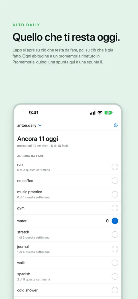 Quello che ti resta oggi. L’app si apre su ciò che resta da fare, poi su ciò che è già fatto. Ogni abitudine è un promemoria ripetuto in Promemoria, quindi una spunta qui è una spunta lì.