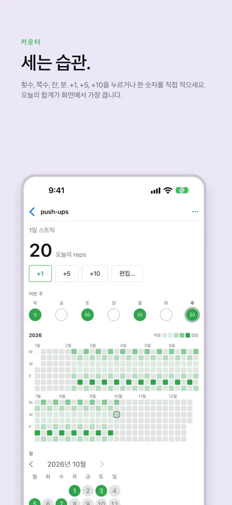 세는 습관. 횟수, 쪽수, 잔, 분. +1, +5, +10을 누르거나 한 숫자를 직접 적으세요. 오늘의 합계가 화면에서 가장 큽니다.