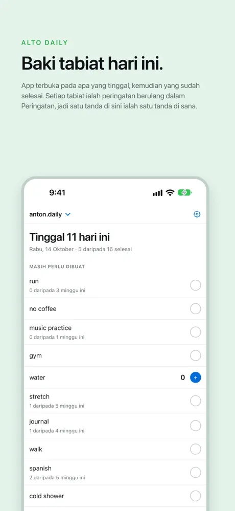 Baki tabiat hari ini. App terbuka pada apa yang tinggal, kemudian yang sudah selesai. Setiap tabiat ialah peringatan berulang dalam Peringatan, jadi satu tanda di sini ialah satu tanda di sana.