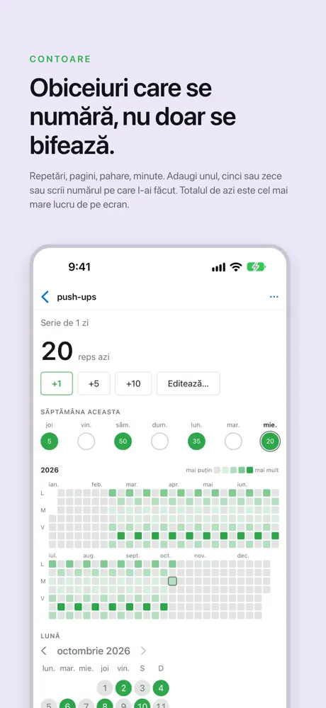 Obiceiuri care se numără, nu doar se bifează. Repetări, pagini, pahare, minute. Adaugi unul, cinci sau zece sau scrii numărul pe care l-ai făcut. Totalul de azi este cel mai mare lucru de pe ecran.