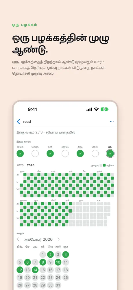 ஒரு பழக்கத்தின் முழு ஆண்டு. ஒரு பழக்கத்தைத் திறந்தால் ஆண்டு முழுவதும் வாரம் வாரமாகத் தெரியும். ஓய்வு நாட்கள் விடுமுறை நாட்கள், தொடர்ச்சி முறிவு அல்ல.