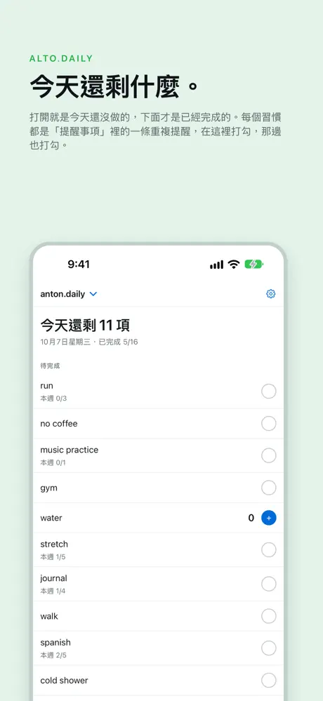 今天還剩什麼。 打開就是今天還沒做的，下面才是已經完成的。每個習慣都是「提醒事項」裡的一條重複提醒，在這裡打勾，那邊也打勾。